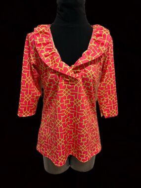 Gretchen Scott Designs Pink and Yellow Geometric Ruffle-Neck Tunic